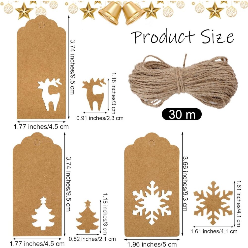 Versatile 150 Piece Kraft Christmas Gift Tags with Reindeer & Snowflake Designs - Picture 3 of 7